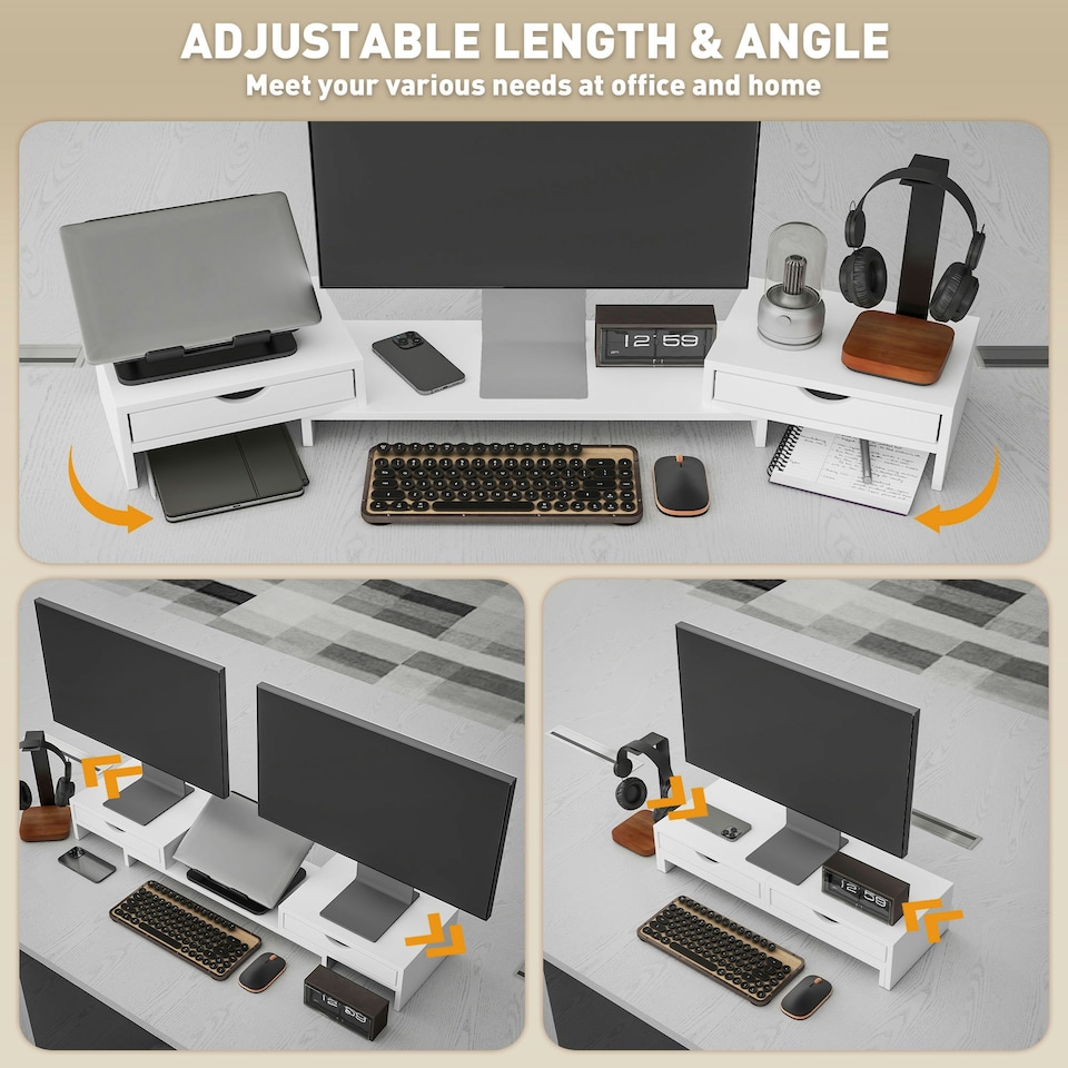 image 1 of HOMCOM Dual Monitor Stand Riser with Adjustable Length and Angle, White