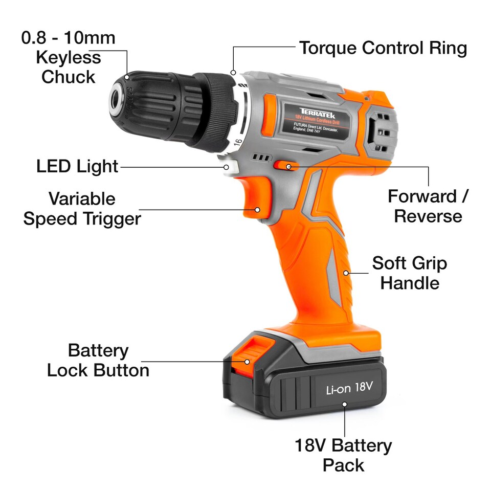 image 1 of Terratek 18V Cordless Drill & 89pc Screwdriver Set (Battery, Charger & Carry Case Included)