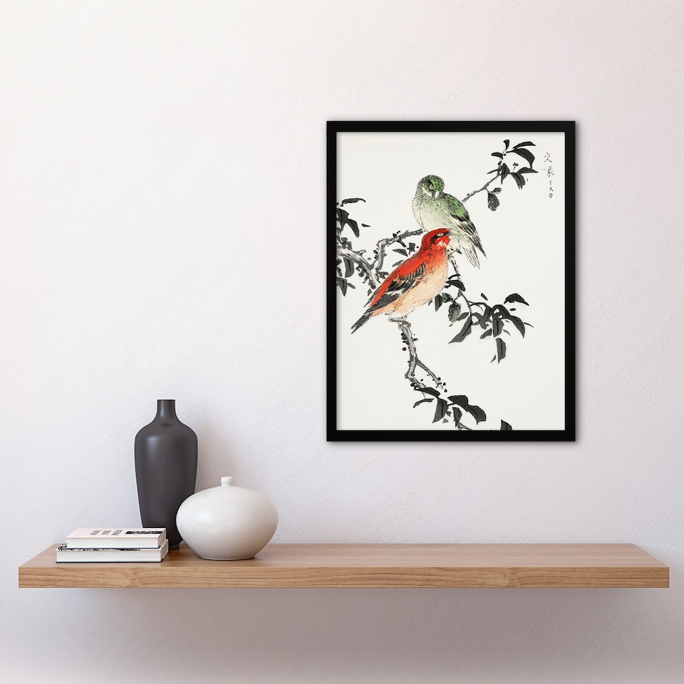image 1 of Crossbill Birds Japanese Vintage Japan Framed Wall Art Print Kashu 12x16"