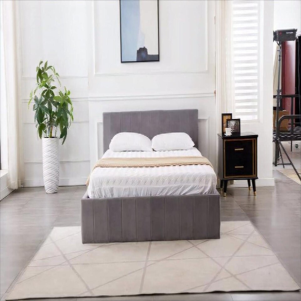 image 1 of Ottoman Storage Bed grey 3ft single and 1 mattress line pattern fabric velvet bedroom furniture
