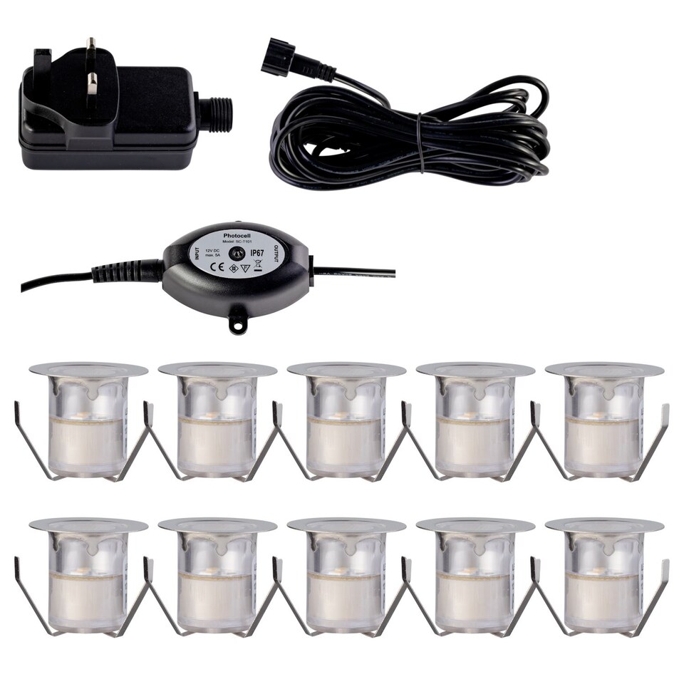 image 1 of Set of 10 - 30mm IP67 Warm White LED Decking Kit with Photocell | Chrome | Clear | 10