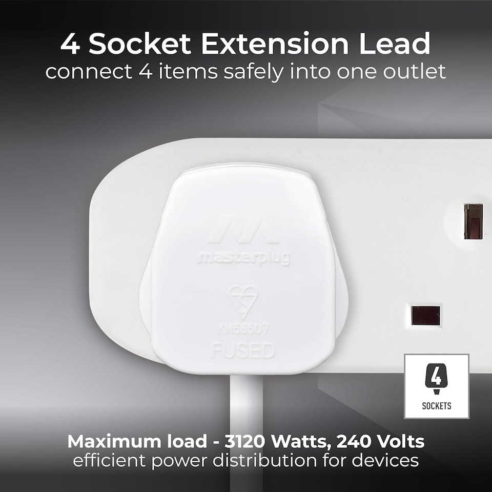 image 1 of Masterplug 4 Socket Extension Lead 2 Metre Cable Power Strip Wall Mountable Electrical Extension White