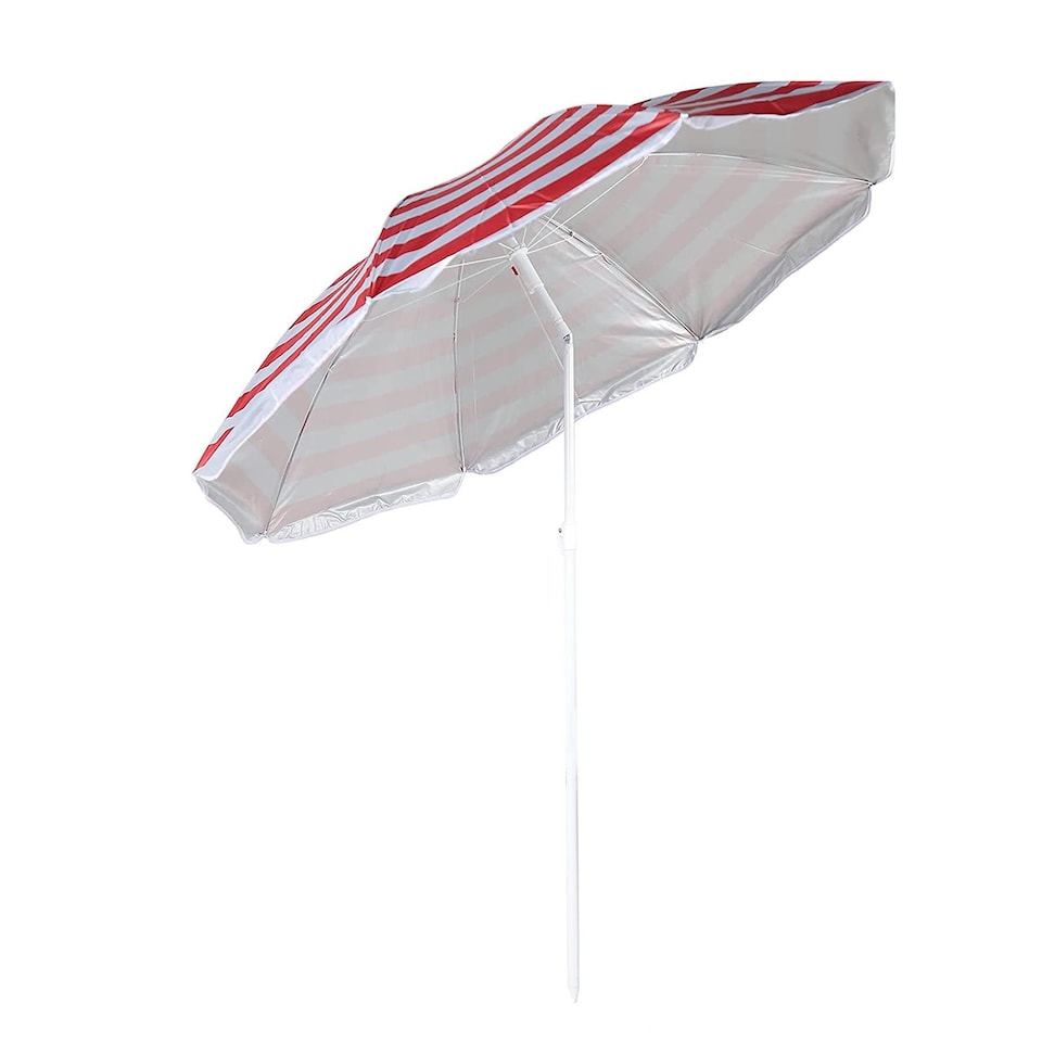 image 1 of The Magic Toy Shop Beach Parasol Red Striped Tilting Height Adjustable Portable Sun Shade