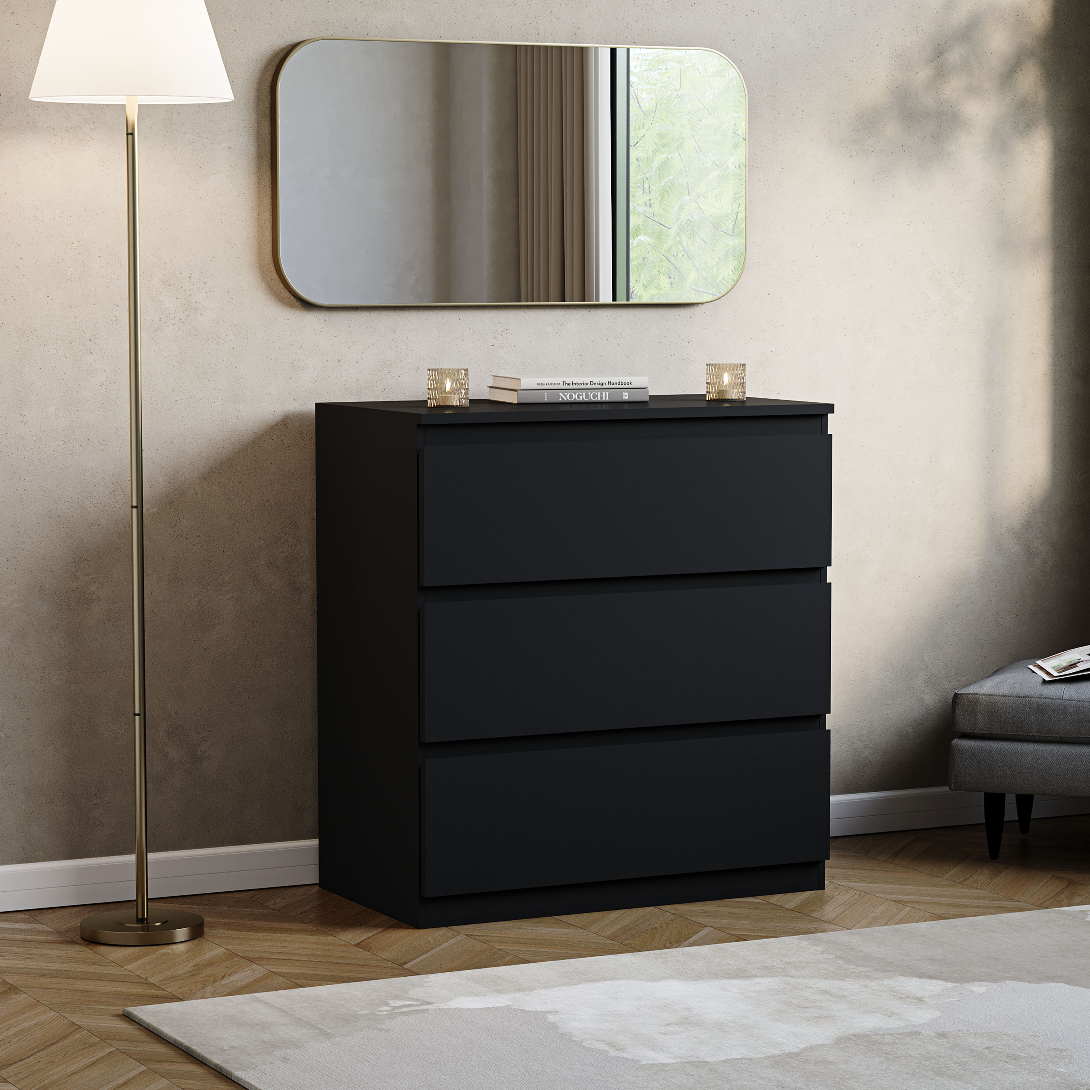 Vida Designs Denver 3 Drawer Chest of Drawers Bedroom Storage, Black
