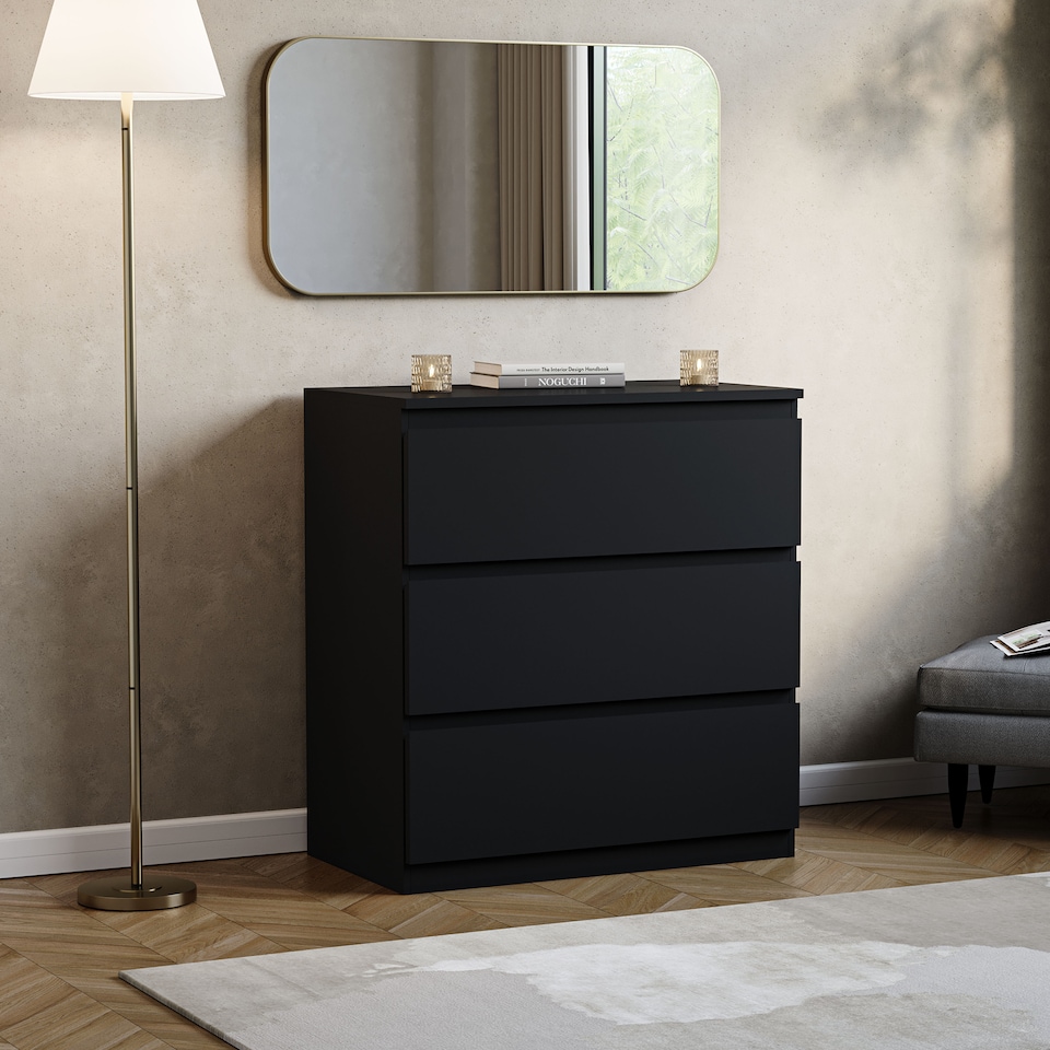 image 1 of Vida Designs Denver 3 Drawer Chest of Drawers Bedroom Storage, Black