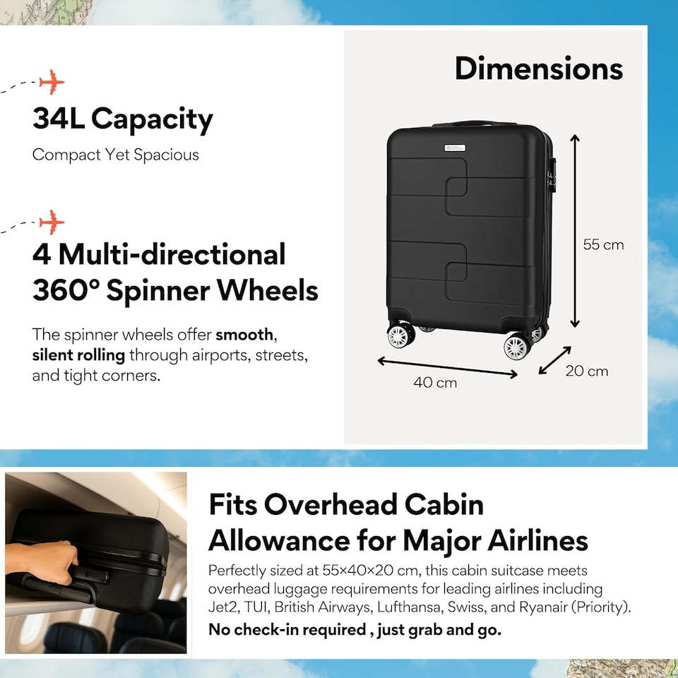 image 1 of Straame 55x40x20 cm Black Cabin Suitcase, 360° Spinner Wheels