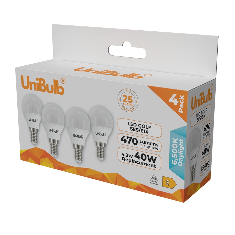 image 1 of UniBulb LED Golf Ball E14 Small Edison Screw (SES) 470lm 4.2W (Replaces 40W) 6500K (Daylight) Light Bulb - Pack of 4 | White | Daylight | 4