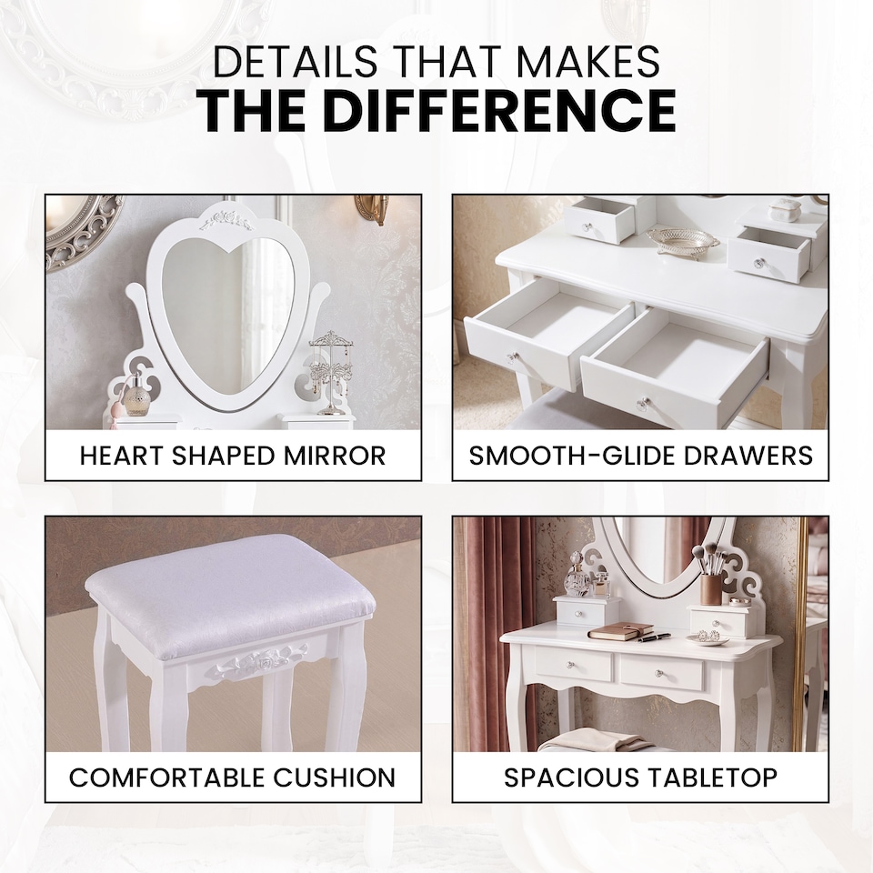 image 1 of Dressing Table with Heart Shaped Mirror and Stool Makeup Vanity Mirror Hollywood Table