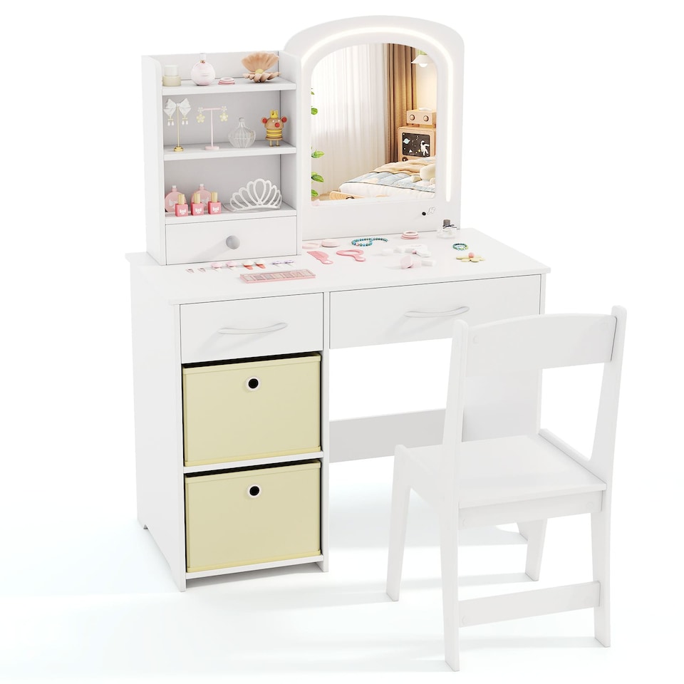 image 1 of COSTWAY Kids Vanity Set Princess Makeup Desk and Chair White