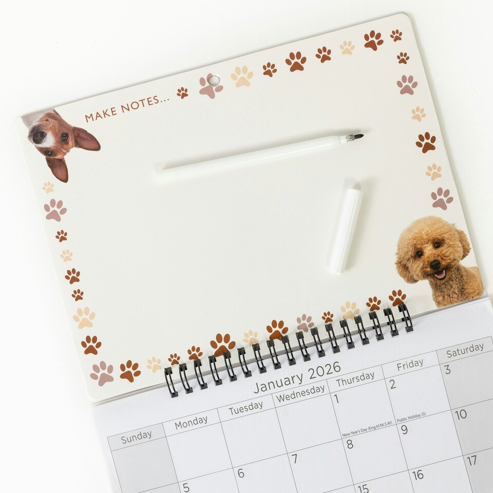 image 1 of 2026 Monthly Memo Board Calendar & Pen Puppy 2 Design