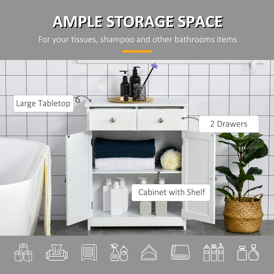 image 1 of kleankin Bathroom Floor Storage Cabinet w/ 2 Drawers Door Cupboard White
