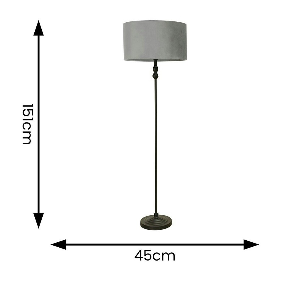 image 1 of ValueLights Maggie Black Metal Candlestick Floor Lamp with Grey Velvet Lamp Shade and LED Bulb