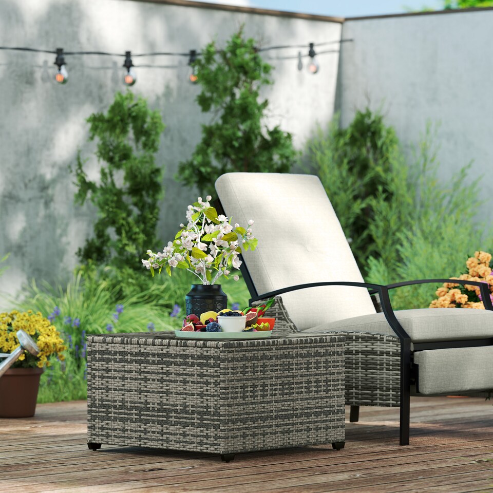 image 1 of Outsunny Outdoor Coffee Table with Glass Top, Rattan Side Table, Light Grey