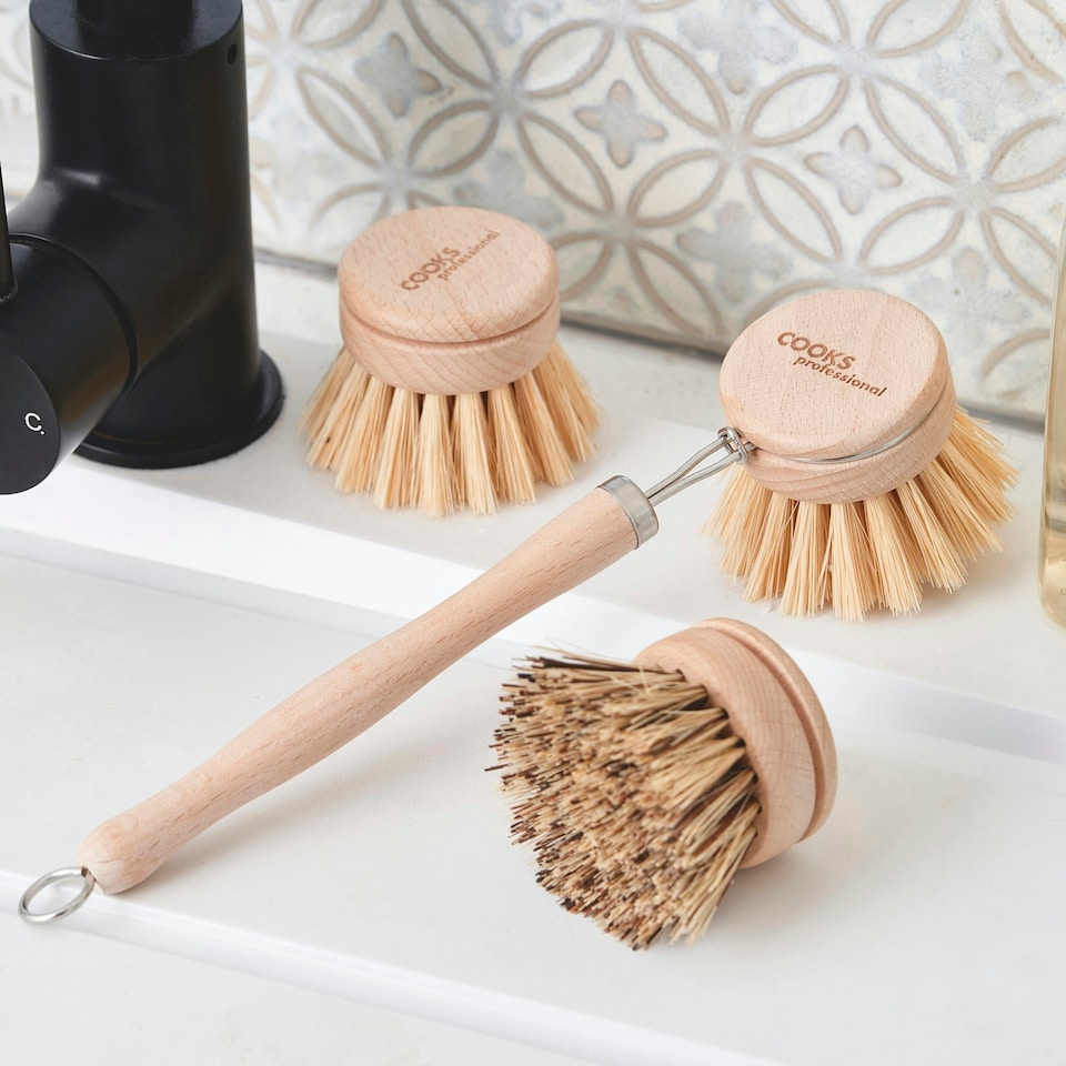 image 1 of Cooks Professional Eco-Friendly Bamboo Dish Brush | Long Handle with 3 Replacement Heads | Natural Fibre Bristles | Plastic-Free