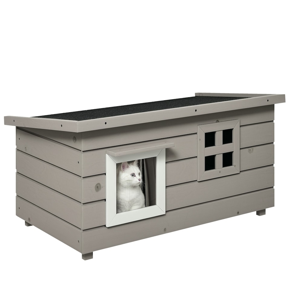 image 1 of PawHut Outdoor Cat House with Openable Top, Asphalt Roof, Window, Grey