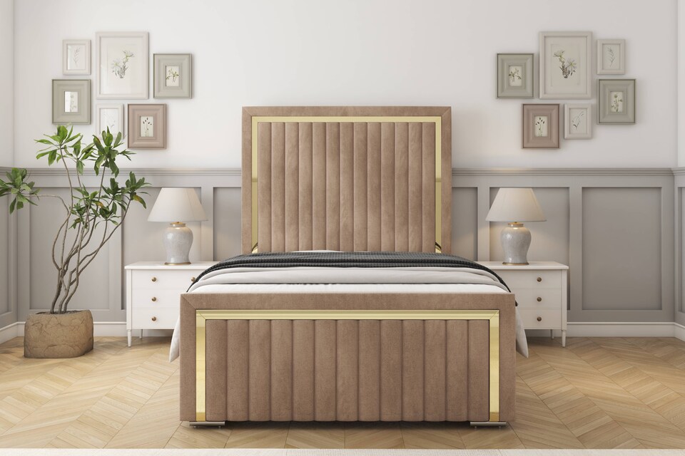 image 1 of Sloomy Boston Gold Mink Naples Bed Frame With Mattress With 50" Upholstered Headboard 5' King