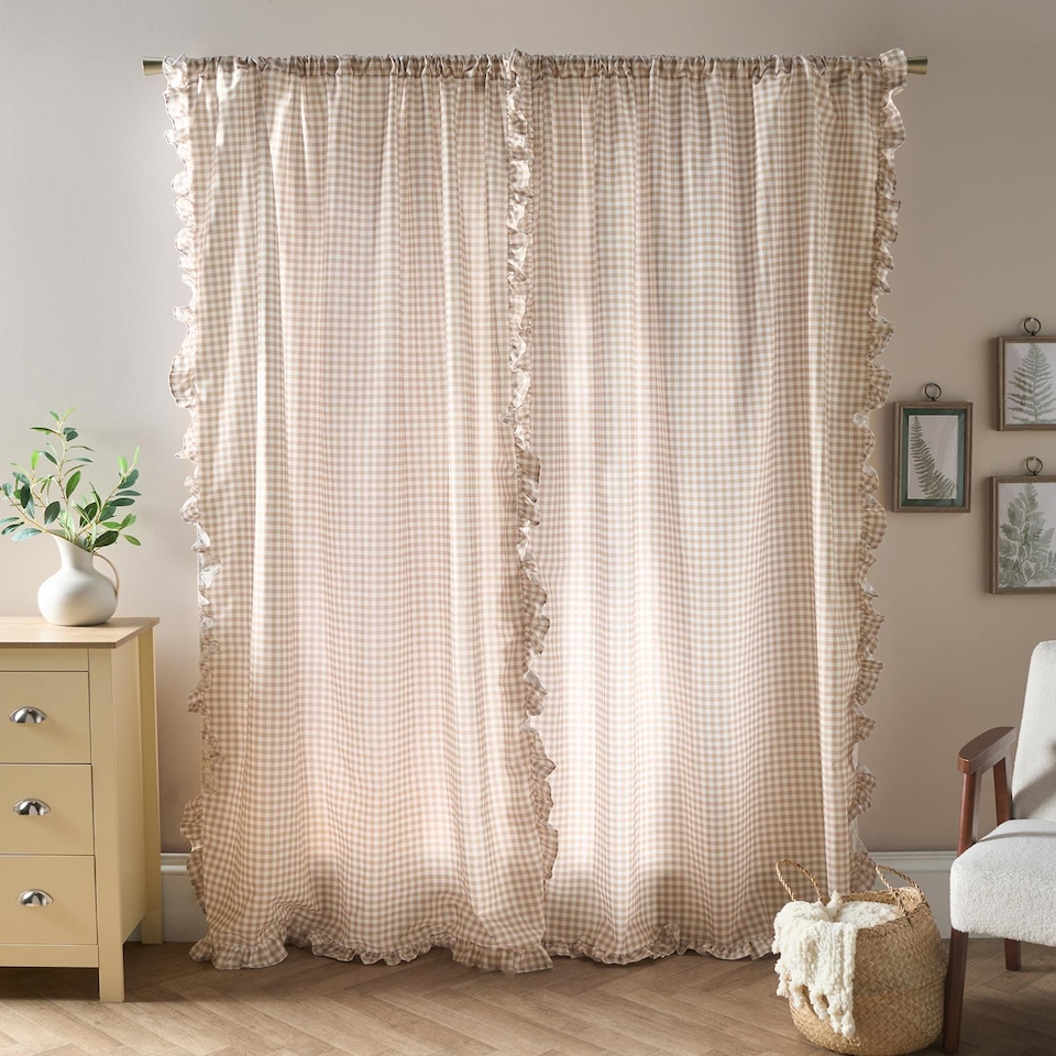 image 1 of OHS Gingham Frill Voile Net Curtain Pair Window Panels Slot Top Set | Brown | Natural | One Size