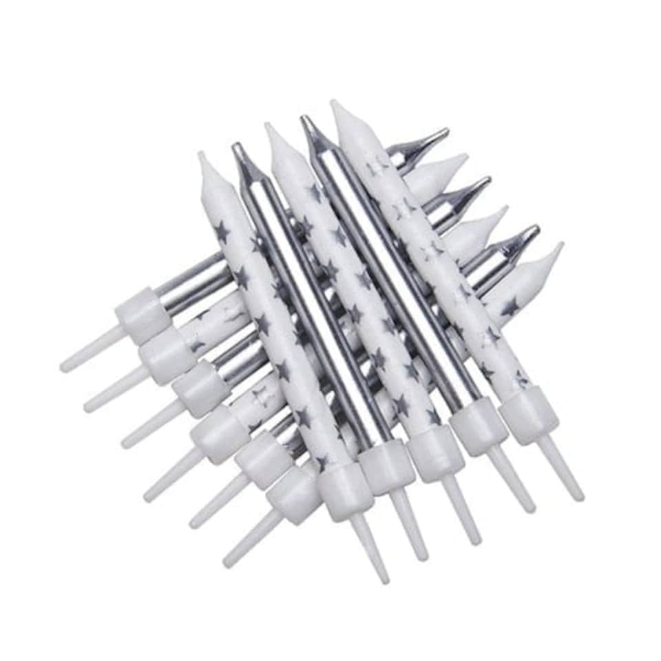 Metallic Silver Star Assortment Party Candles With Holders - Pack of 12