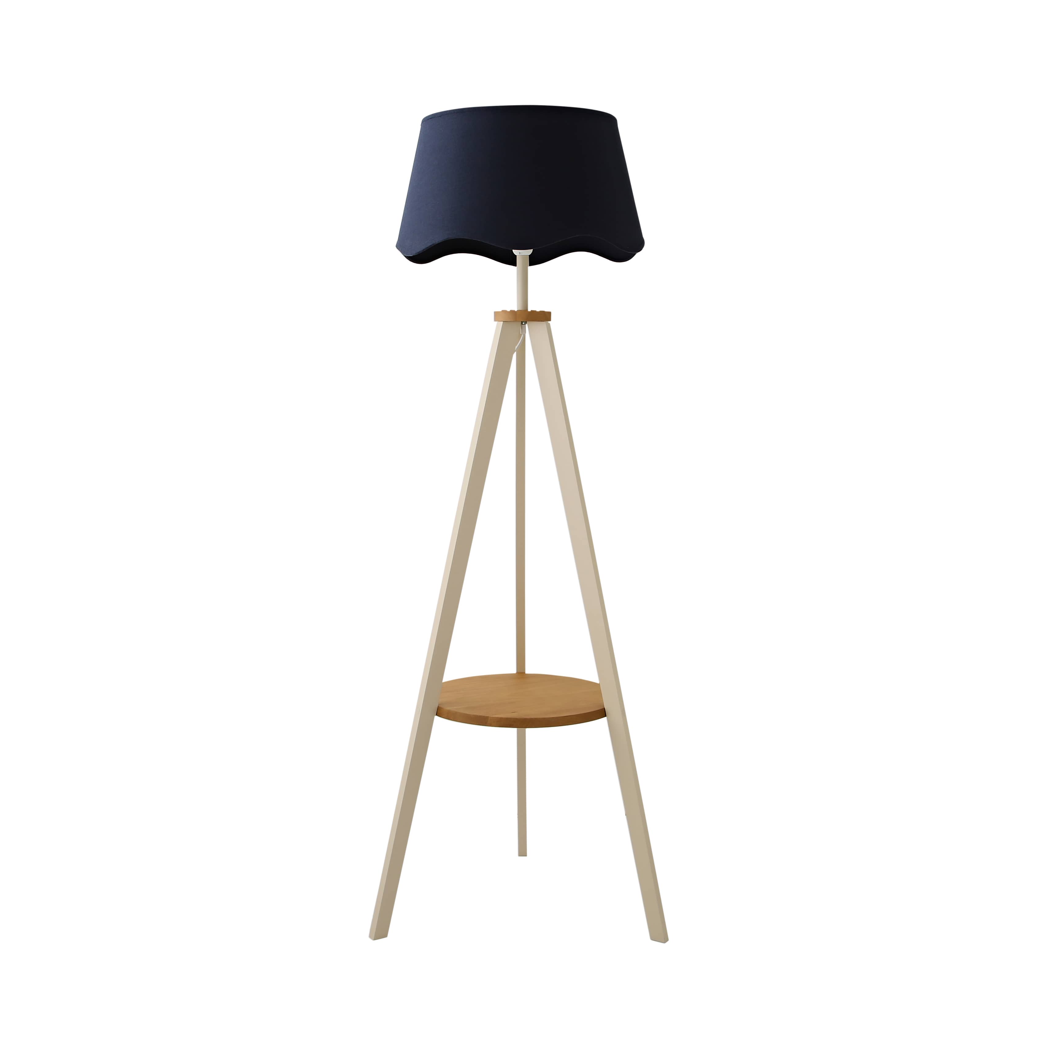 ValueLights Morrigan Cream Wood Floor Lamp Navy Scallop Shade