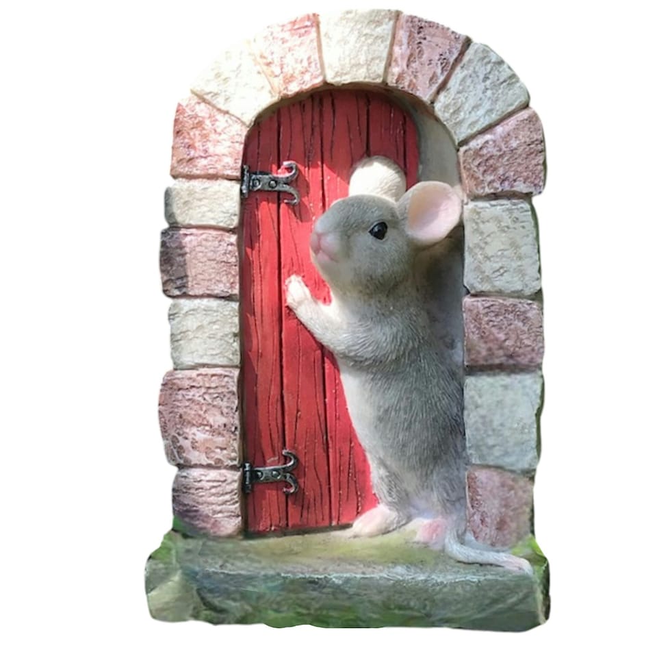 image 1 of Mouse In Doorway Fairy Garden Ornament, Red Door