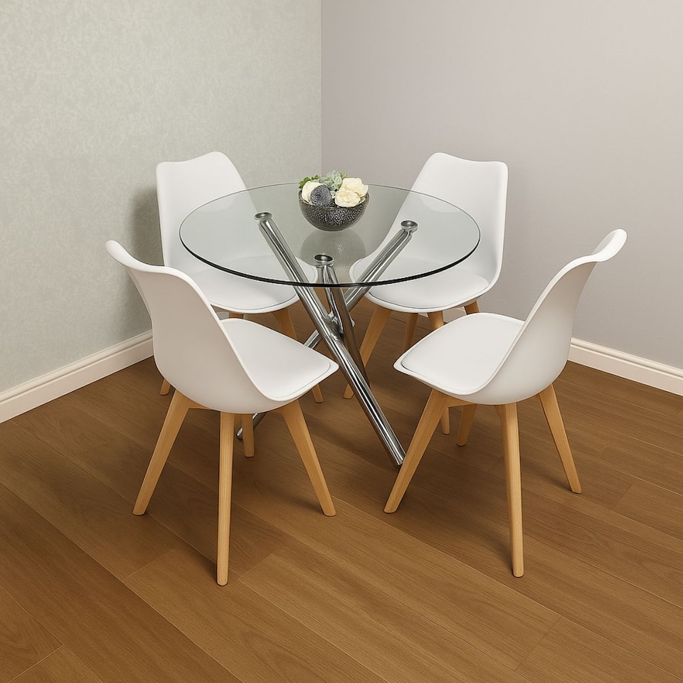 image 1 of Round Glass Dining Table with Chrome Metal Legs and 4 White Plastic Chairs, Modern Dining Set