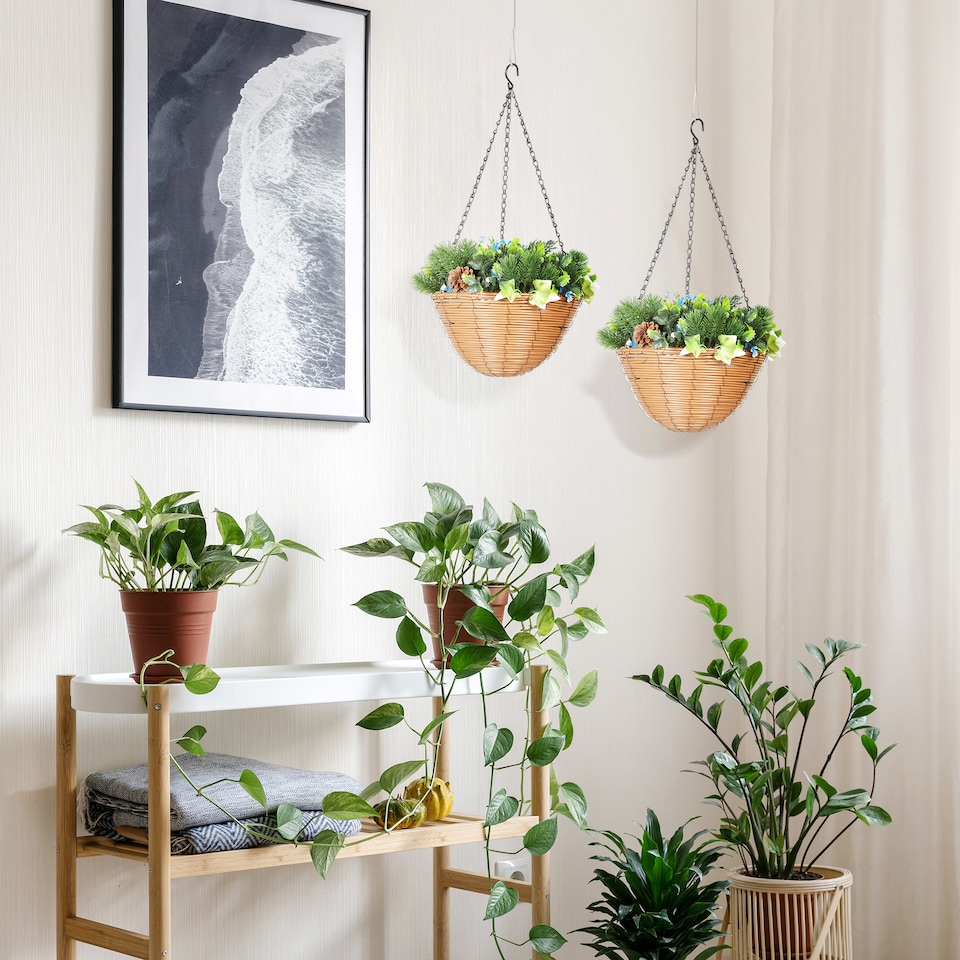 image 1 of HOMCOM Pack of 2 Faux Plant Artificial Lisianthus Flowers, Hanging Planters with Basket, PE Leaves, 18 Flowers and 3 Pinecones, Decorative Faux Plants for Home Office Decor, Green