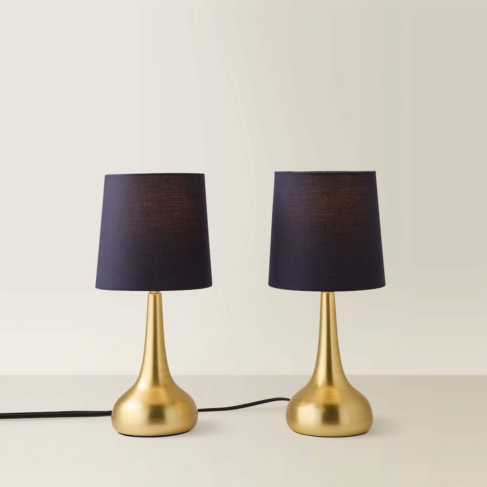 image 1 of ValueLights Teardrop Pair Gold Touch Table Lamps Navy Shade | Blue