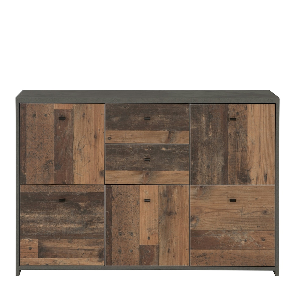 image 1 of Best Chest Storage Cabinet with 2 Drawers and 5 Doors in Concrete Optic Dark Grey/Old - Wood Vintage