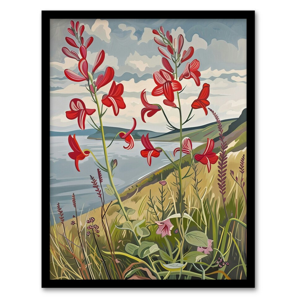 image 1 of Red Wildflowers On Hunt Cliff Yorkshire Black Framed Wall Art Print A4