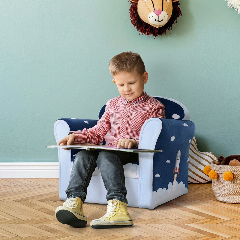 image 1 of HOMCOM Children's Armchair Flannel Kids Sofa Tub Chair Cartoon Dinosaur Pattern Wooden Frame Bedroom Playroom Seater Multicolour
