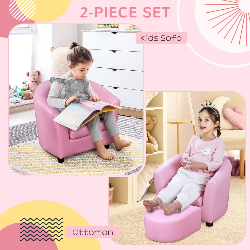 image 1 of HOMCOM Kids Sofa Set Children Armchair Toddler Chair Padding with Footstool | Pink | One Size