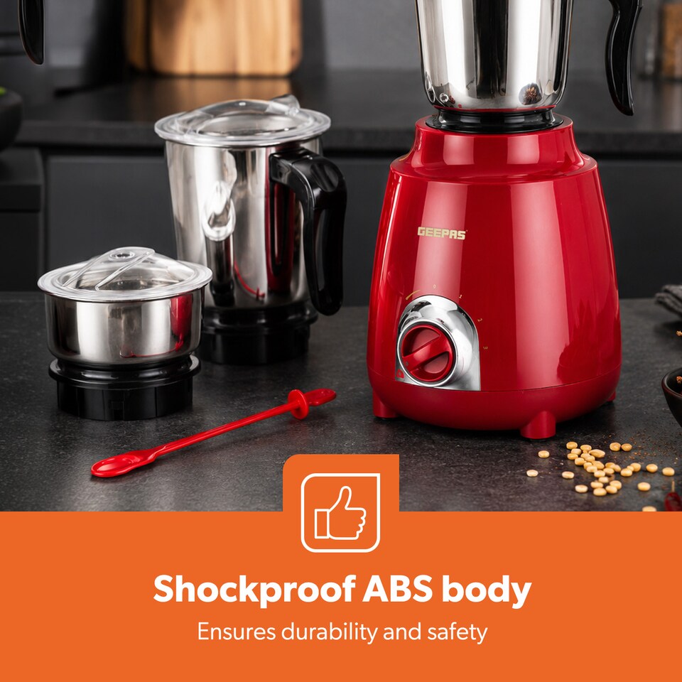 image 1 of GEEPAS 600W 3-in-1 Mixer Grinder | Stainless Steel Jars, Blades | Red