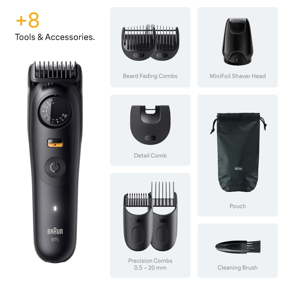 image 1 of Braun Beard Trimmer Series 5, +8 Styling Tools, 40 Lengths, Sharp Blade, BT5560, Black