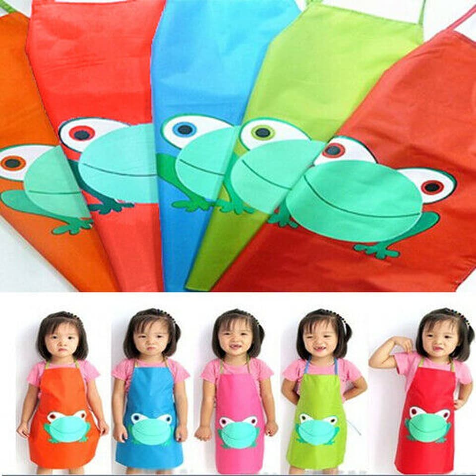 image 1 of Children's Waterproof Cartoon Frog Apron PVC Washable Art Craft Cooking Painting Messy Activity Apron with Adjustable Waist Tie Age 2-8