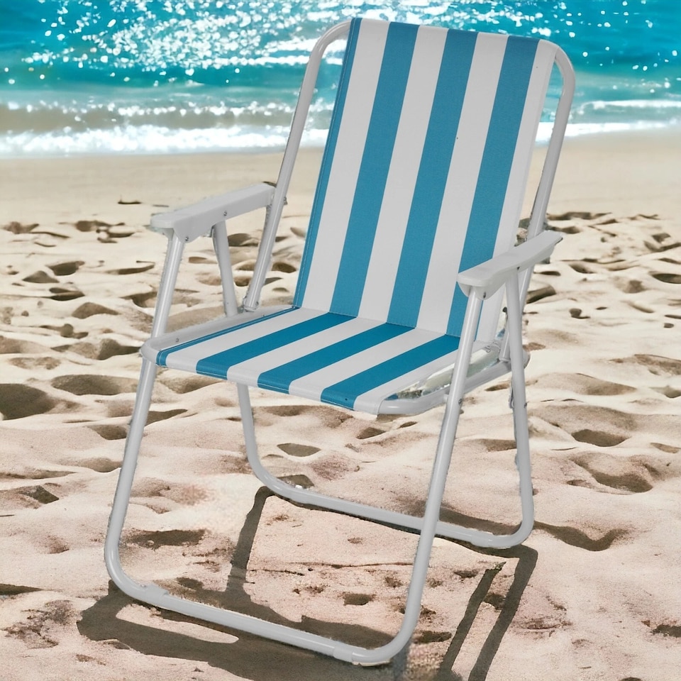 image 1 of Garden Patio Metal Folding Spring Deck Chairs Camping Beach Picnic Outdoor Seats | Black | 2 x White & Blue Stripe