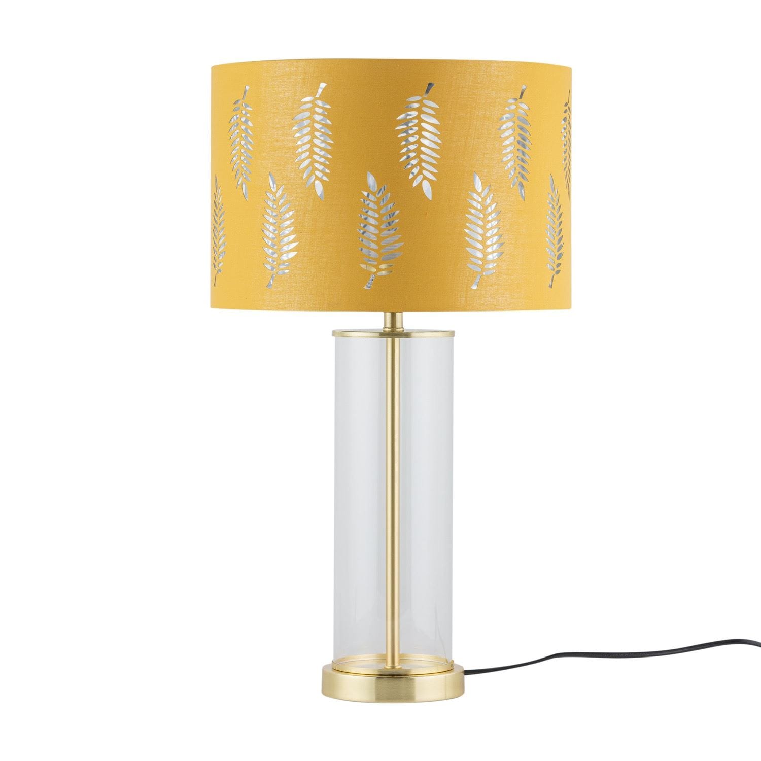 First Choice Lighting Aura - Satin Brass Table Lamp with Ochre Fern Cut Out Silver Shade in Gold