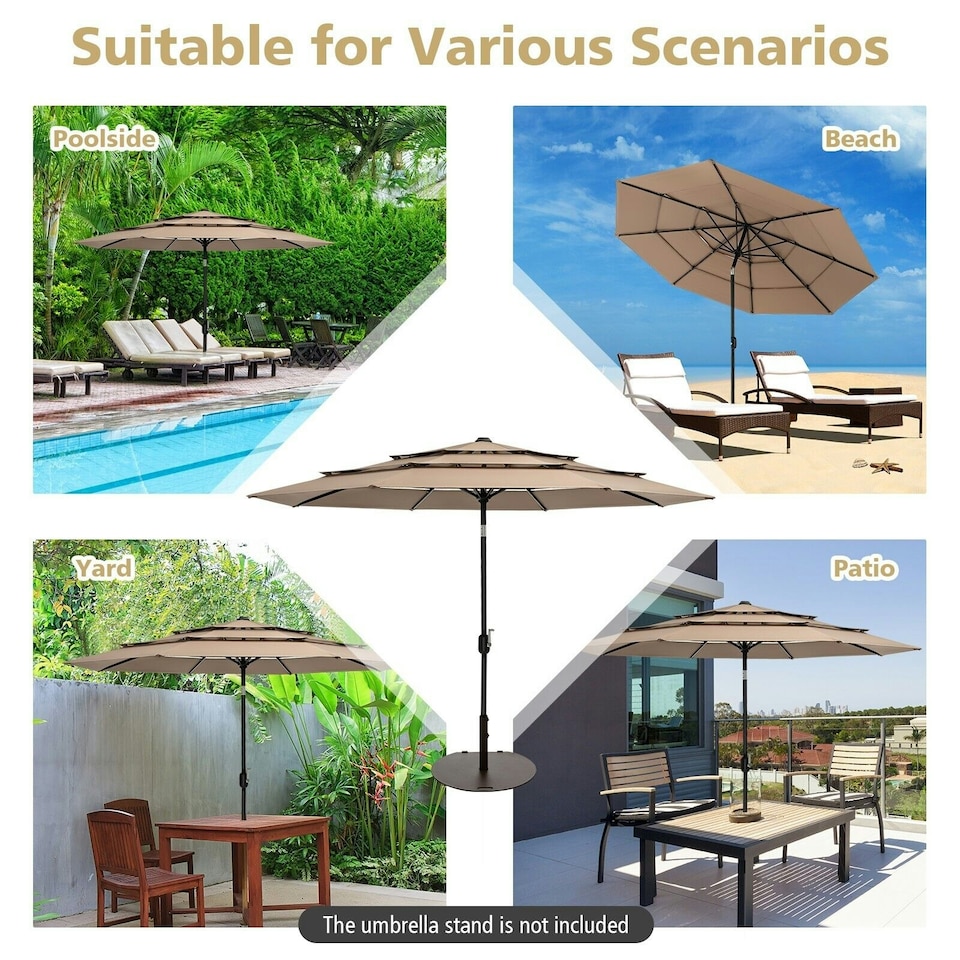 image 1 of COSTWAY 3-Tier Patio Umbrella Double Vented Crank Market Parasol Brown