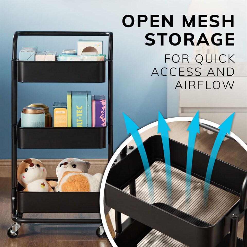 image 1 of House of Home 3 Tier Storage Cart On Wheels Home Kitchen Office Bath-Bedroom Organiser Black | Black