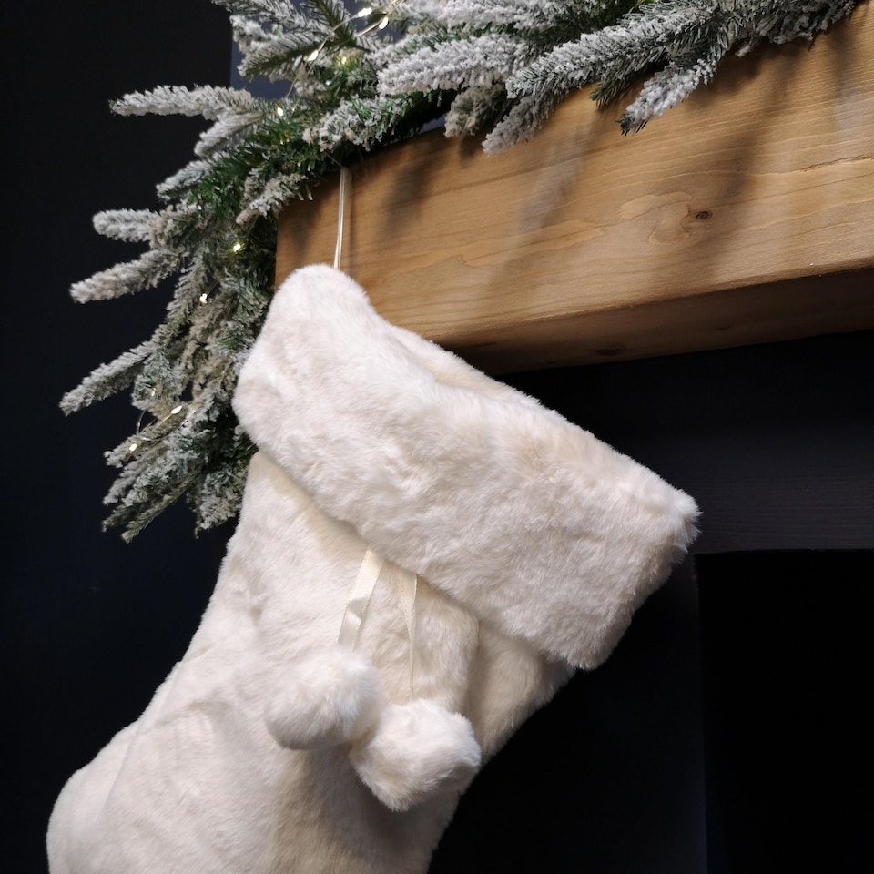 image 1 of 50cm Winter White Faux Fur Hanging Christmas Stocking with Pom Poms