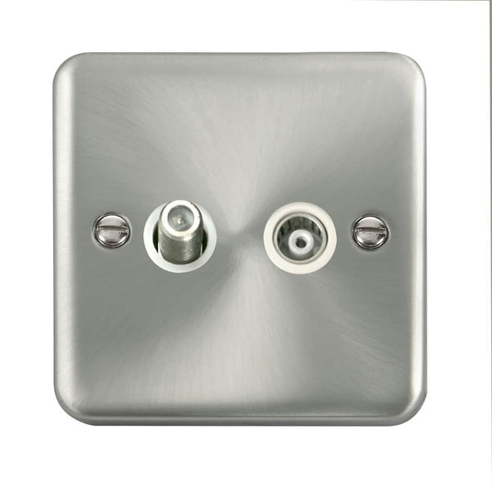 SE HOME Curved Satin Chrome Satellite And Isolated Coaxial 1 Gang Socket White | Satin Chrome