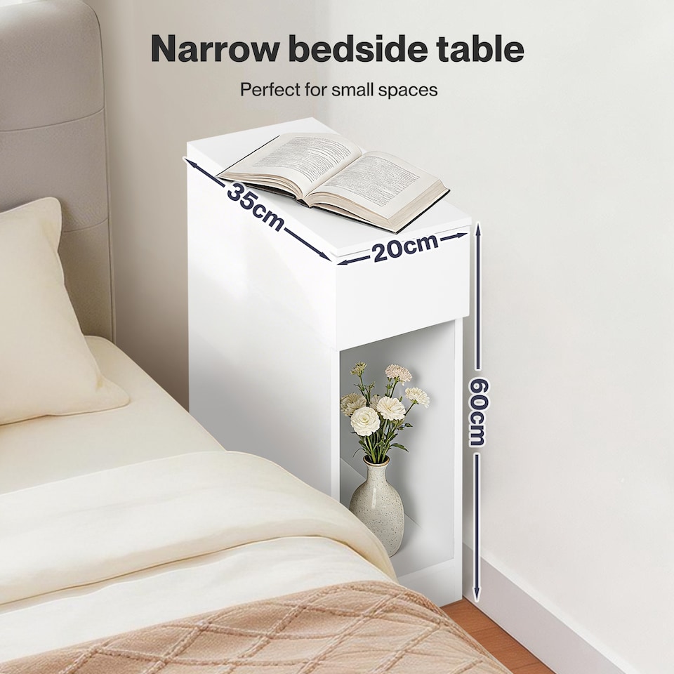image 1 of Levede Bedside Table Cabinet  Narrow Slim Side Cabinet White Drawer Open Shelf
