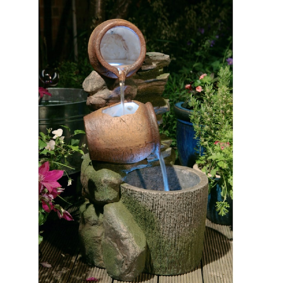 image 1 of Cottage Honey Pots and Barrel Tiered Garden Water Feature with LED Lights H68cm