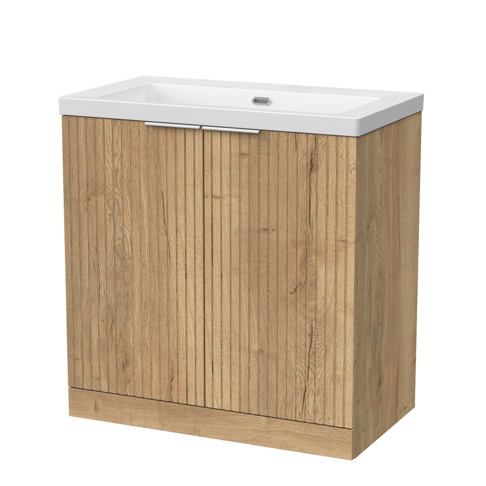 image 1 of Balterley Callingwood Contemporary Floor Standing 2 Door Vanity Unit with 0 Tap Hole Fireclay Basin , 800mm, Autumn Oak
