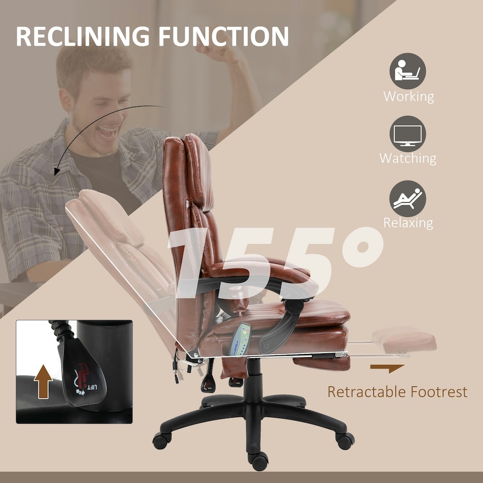 image 1 of Vinsetto PU Leather Massage Office Chair w/ Adjustable Height Footrest Brown