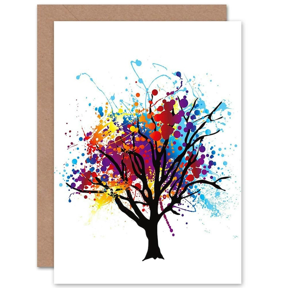 image 1 of Vibrant Paint Splat Abstract Tree Rainbow Colourful Greeting Card
