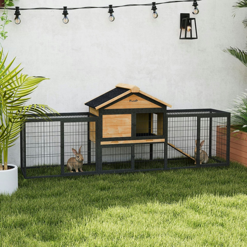 image 1 of PawHut Rabbit Hutch, Guinea Pig Hutch Outdoor with Steel Run, Tray, Ramp