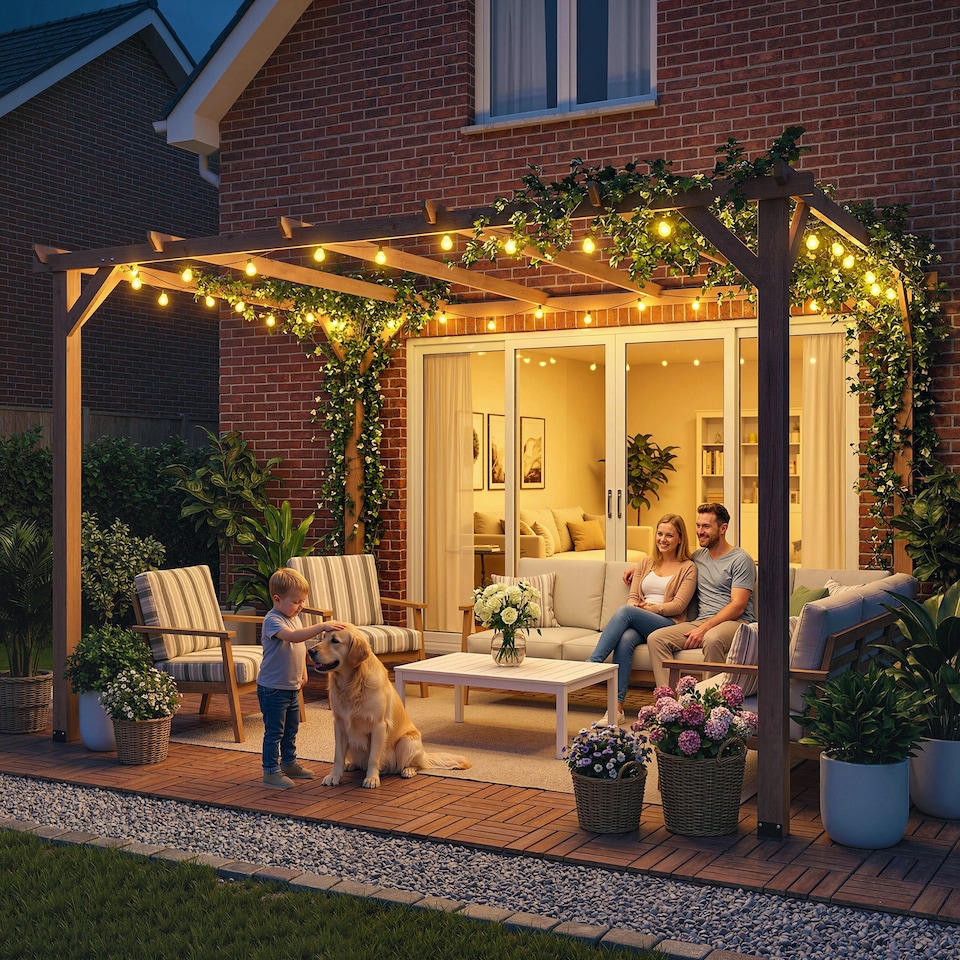 image 1 of Outsunny 4x3 m Garden Wooden Pergola Gazebo Grape Trellis, Maple Wood-effect | Brown | Maple wood-effect