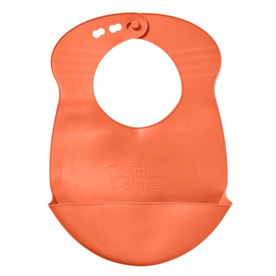 Tommee Tippee Orange Roll ’N’ Go Silicone Bib | Soft Baby Feeding Bib with Crumb Catcher Pocket | Rollable Toddler Weaning Bib for Home & Travel