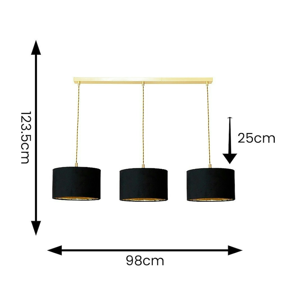 image 1 of ValueLights Reni Black Velvet & Gold Shade 3 Drop Bar Gold Diner Ceiling Light and LED Bulbs Gold