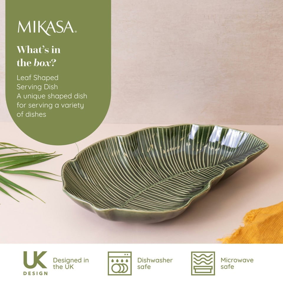 image 1 of Mikasa Serving Dish Green Stoneware Leaf Shaped 31.5cm | Green